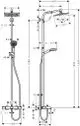 Hansgrohe Duschpaneel mit Regendusche und Handbrause, ausgestattet mit Thermostat, verchromt, dargestellt in technischen Maßen und Ansichten.